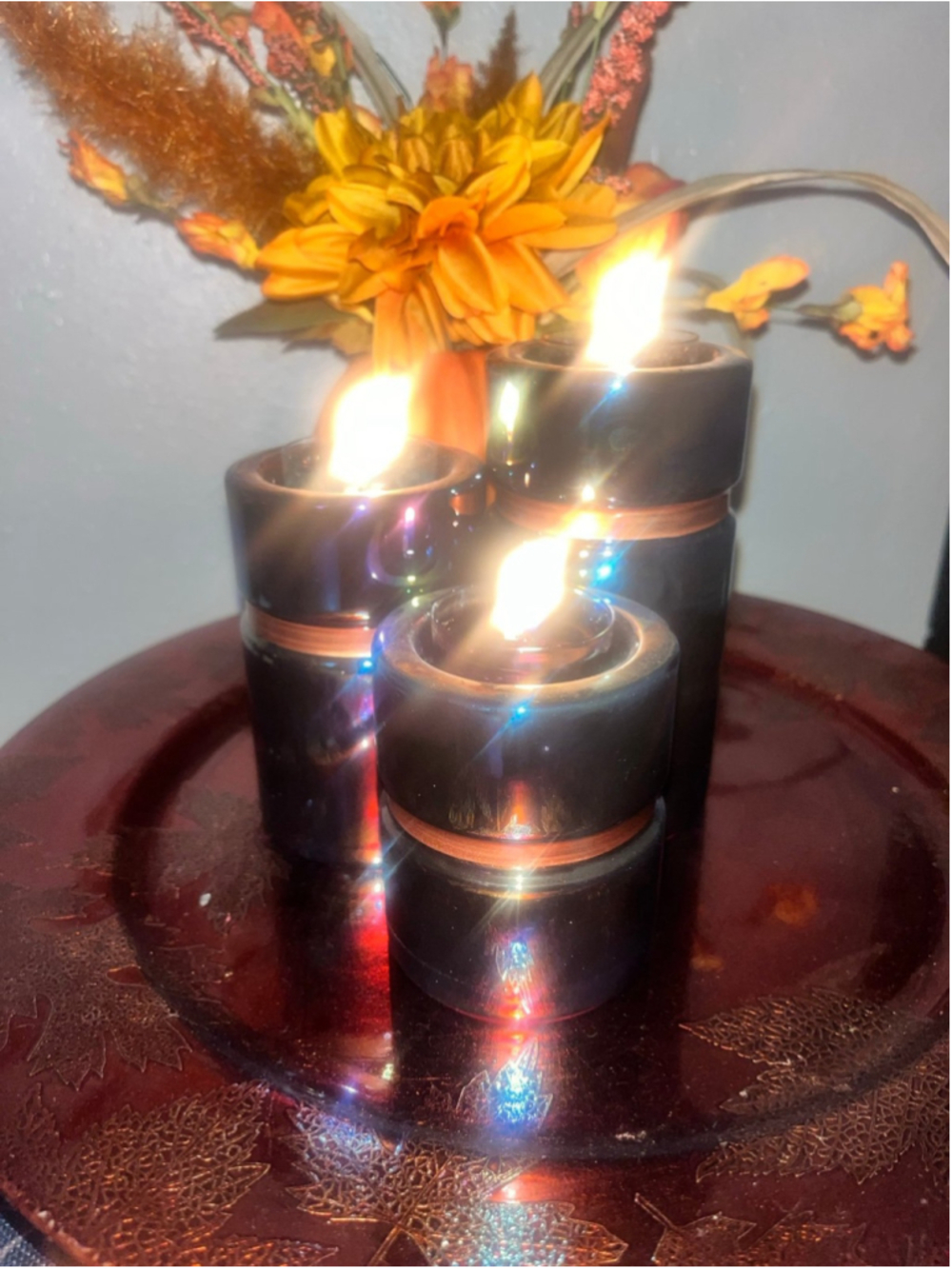 PARTYLITE LUSTROUS GLAZE BLUE BROWN TEALIGHT TRIO CANDLE HOLDER
